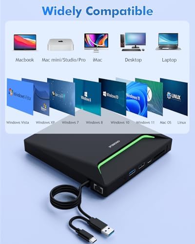 New External CD DVD Drive, Cool DVD Burner USB 3.0 with Ethernet Adapter, 3 USB and 2 TF/SD Card Ports, CD DVD Player Reader Writer Optical Disc Drive for Laptop MacBook PC Windows Linux Mac OS - 5