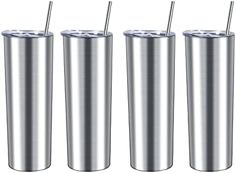 Cosictic 20 Oz Skinny Tumbler Set of 4, Slim Insulated Stainless Steel Travel Tumbler with Lid and Straw, Skinny Water Tumbler for Diy Birthday Gift, Silver
