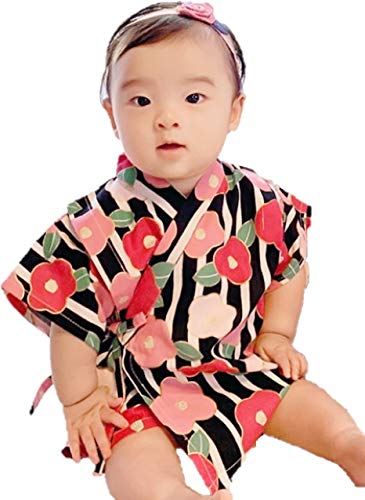 Milktea レトロモダン和柄甚平上下セット 椿柄黒100cm 女の子 日本製 甚平 和柄 菊 牡丹 ストライプ 花柄 子供 夏祭りベビー キッズ（Amazon）
