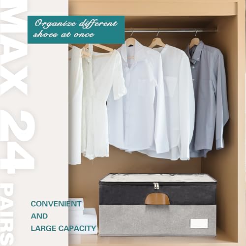 Image of 1 Pack Shoe Organizer for Closet Foldable Storage Box with Clear Cover | Fits 12-24 Pairs Boots and Heels Sneaker Sandals Stackable with Adjustable Divider Space Saving Dorm Black