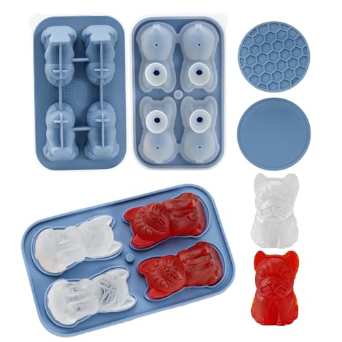 JEOASIS Large 3D French Bulldog Ice Cube Tray with Lid (4 Ice Cubes) and 1 Coaster, for Frenchie Puppy Lovers, Easy Fill & Release Silicon Freezer Mold, 2.8'' Ice Cube for Milk, Cocktail, Candy(Blue)