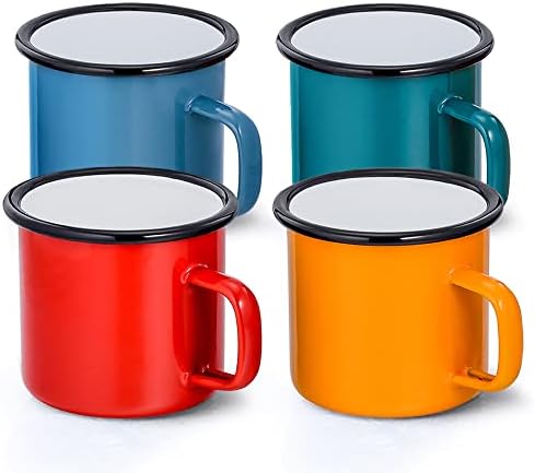 Joyfair Enamel Coffee Mug Set of 4, 12oz Enamel Camping Tea Mugs in Colour Red/Blue/Green/Yellow, Lightweight Retro Cups for Travel Home Office Party, Vintage & Portable (350ml)