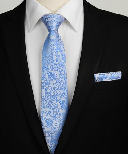 Image of HISDERN Men Floral Ties Woven Classic 3.4 inch Necktie Set Formal Tie Pocket Square for Wedding with Handkerchief Gift Box