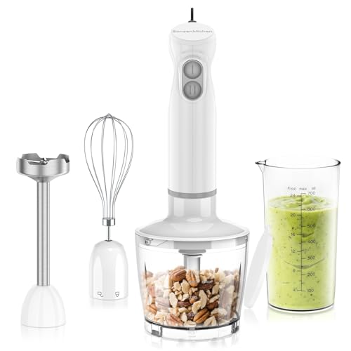 Bonsenkitchen 4 en 1 Batidora de Mano Inmersión 1000 W Batidora Multifuncional con Cuchillas de Acero Inoxidable 304 Vaso de Mezcla, 600 ml Picadora de Alimentos de 500 ml Taza