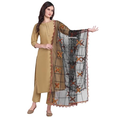 Image of ZEN APPAREL Women's Embroidered Net Dupatta with Lace Borders (Z-101) Premium Net Fabric Golden Aari Work