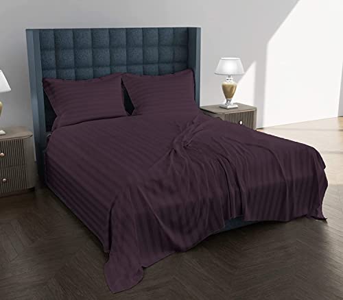 Image of 300 TC Glace Cotton Plain Stripe Queen Size Single Bedsheet with 1 Pillow Cover for Home, Hotel, Guest Room (60 X 90) Inch Plum Pack 1
