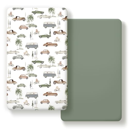 Image of GRSSDER Stretchy Ultra Soft Jersey Knit Fitted Crib Sheets Set 2 Pack, Universal Fitted All Standard Crib Mattress Pads Safe and Snug, Crib Fitted Sheet for Baby, Neutral Pattern of Cartoon Cars Print