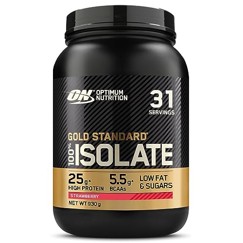 Optimum Nutrition ON Gold Standard 100% Isolate, Proteína Whey Pura, BCAA y Glutamina Naturales, Pre y Post Entrenamiento, Sabor Fresa, 31 Dosis, 930 g