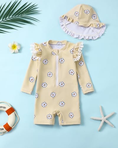 Image of Toddler Girl Swimsuit Baby Girl Bathing Suit Long Sleeve Floral Zipper One-Piece Rash Guard Swimsuit with Hat