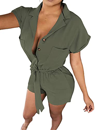 TNGXXWL Damen Kurz Einfarbiger Kurzarm Jumpsuit mit Gürte lKhaki/Schwarz/Armeegrün (Black, Small) Cover