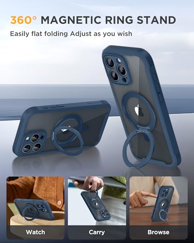 Image of Miracase for iPhone 16 Pro Max Case with 360 Magnetic Ring Stand [Compatible with Magsafe] Full-Body Drop Proof Bumper Phone Case with Built-in 9H Tempered Glass Screen Protector,Blue