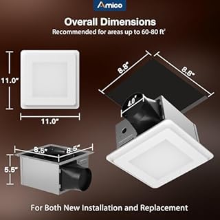 Amico Bathroom Exhaust Fan with Light, 80 CFM, 0.9 Sones, 1000LM, 5CCT, Easy Install, Ceiling Mount Shower Bathroom Fan, Adjustable Exhaust Vent with light, ETL & FCC Certified