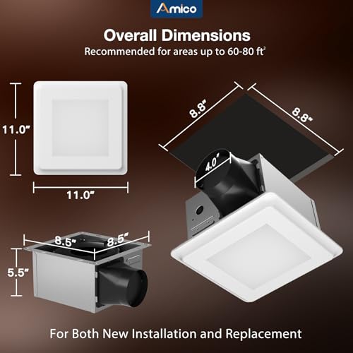 Amico Bathroom Exhaust Fan with Light, 80 CFM, 0.9 Sones, 1000LM, 5CCT, Easy Install, Ceiling Mount Shower Bathroom Fan, Adjustable Household Ventilation Fan, ETL & FCC Certified by Amico - Used condition - Image 2