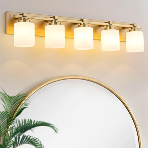 BrkNit Modern Bathroom Light Fixtures Over Mirror, Vanity Lights for Bathroom Wall Sconces with Milky White Glass Shades, E26 Socket (Bulbs Not Included), 5 Light, Brass