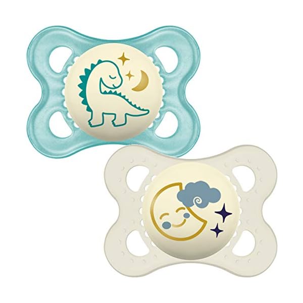 MAM Night Soothers 0+ Months (Pack of 2), Glow in the Dark Baby Soothers with Self Sterilising Travel Case, Newborn…