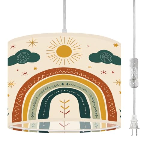 RAINFALLARING Boho Plug in Pendant Light Boho Rainbow Sun Clouds Warm Tones Floral Elements 16.4ft Plug in Cord Dimmable Hanging Lamp Fabric Lamp Shade Pendant Lights for Nursery Kids Bedroom