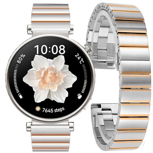 Image of DEALELE Strap Compatible with Huawei Watch GT5 Pro 42mm / GT5 41mm / GT4 41mm / Fossil Women's Gen 6 / Gen 5E 42mm / Garmin Venu 3S, 18mm Stainless Steel Metal Replacement Bands for Women, Silver-rose