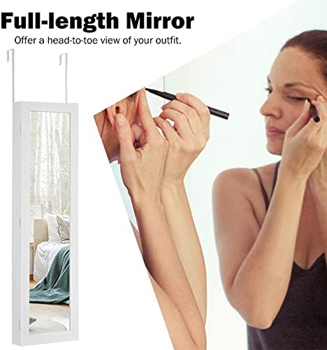 COSTWAY LED Lights Jewelry Cabinet, Door Hanging/Wall Mounted Jewelry Armoire with Full Length Mirror, Cosmetics Makeup Jewellery Storage Organiser Unit for Bedroom Dressing Room