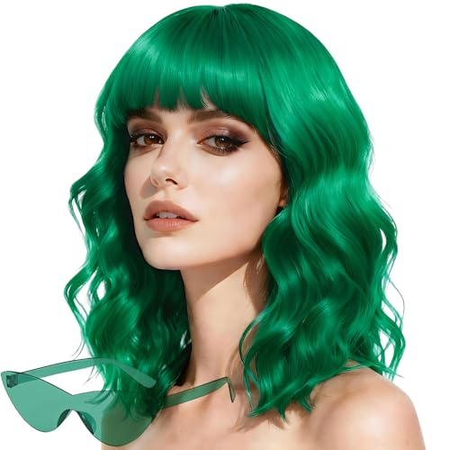 LOHO WONDERZ Green Wig and Sunglasses Set - 15 Inch Wavy Wig With Bangs - Heat Resistant Shoulder Length Curly Bob Wigs for Women - Bachelorette Party Costume Cosplay (Green)
