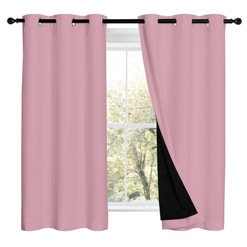 NICETOWN 100% Blackout Short Curtains with Black Liners, 2 Panels, 37" W by 50" L, Crystal Pink, Thermal Insulated Full Blackout 2-Layer Lined Drapes, Energy Efficiency Window Draperies for Bedroom