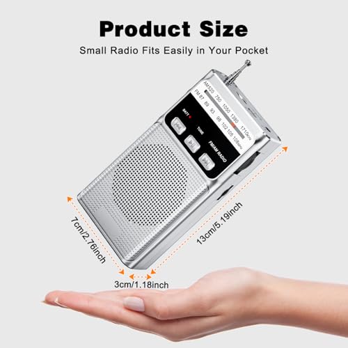 Portable Radio AM FM, Goodes Battery Powered Radio with MP3 Player, Type-C Charge, Best Reception, TF Card Jack, Flashlight, Back Clip, Headphone Jack, Suitable for Jogging/Walking/Camping Use-Sliver