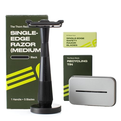 Leaf Shave | Leaf Thorn Razor Set, Includes Twig Razor, Matching Stand, 50-Pack Single-Edge Blade Refills, and Blade Bank - Black