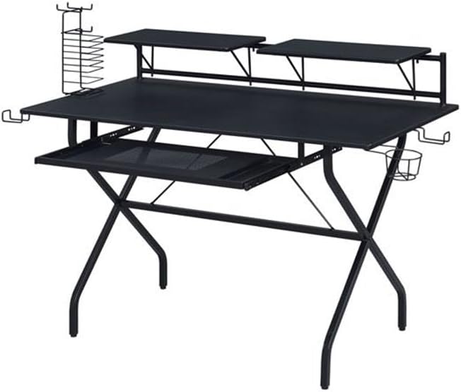 BOWERY HILL Contemporary Computer Desk, 47''W x 24''D x 37''H, Black Finish, Rectangular Table Top with Keyboard Tray, Cup Holder, Headset Hooks, Game Rack, 2 Shelves, Home Office or Gaming Setup