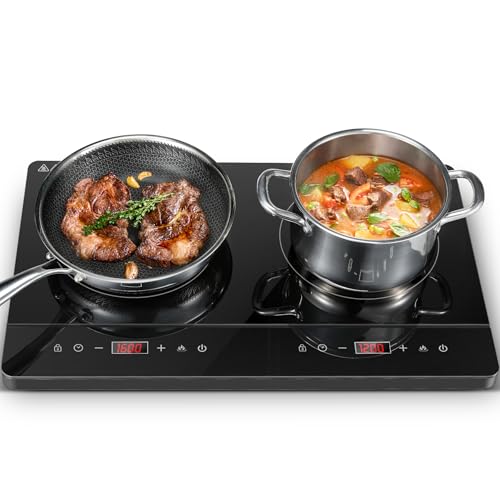 KICHPOWER Double Induction Hob Portable Induction Cooker Black Glass Plate 2800W Independent Touch Control 8 to10 Power Levels 10 Temperature Setting 3 Hour Timer Child Safety Lock with Plug