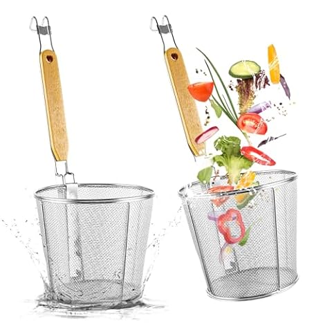 APACALI 2 sztuki koszyków do makaronu ze stali nierdzewnej, 14 cm sitko do makaronu z mikroperforowanego drewna z drewnianym uchwytem, kosz na makaron, kratka do makaronu, sitko do makaronu, do kuchni
