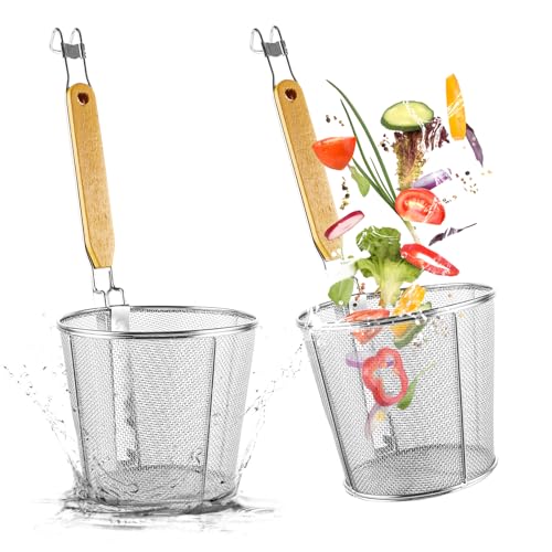 APACALI 2 sztuki koszyków do makaronu ze stali nierdzewnej, 14 cm sitko do makaronu z mikroperforowanego drewna z drewnianym uchwytem, kosz na makaron, kratka do makaronu, sitko do makaronu, do kuchni