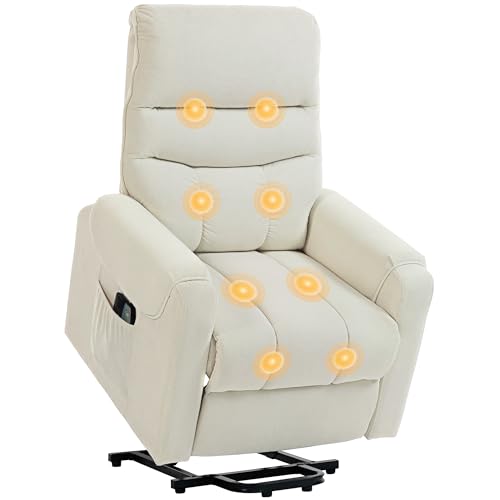 HOMCOM Sillón Relax Reclinable Eléctrico Levanta Personas, Sillón Elevador con 8 Puntos de Masaje, 2 Controles Remotos, Reposapiés, Tapizado en Pana, Acolchado Grueso, Bolsillo Lateral, Beige
