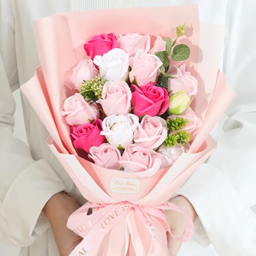 ソープフラワー花束 母の日プレゼント女性 人気 ，誕生日プレゼント フラワーギフト バラ花束ブーケ18本 感謝 結婚記念日 父の日 敬老の日 昇進 お礼 造花 インテリア ローズブーケ (ピンク) [5]