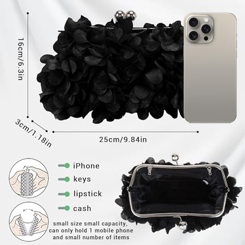 JAMBHALA Bolsa feminina clutch pequena floral com corrente para casamento, festa, formatura, Preto,