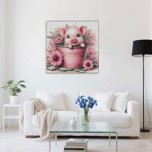 Image of Cute Pig Stamped Cross Stitch Kits for Adults Beginner, Flowers Dimensions Needlepoint Art Crafts Embroidery Kits for Adults Beginners 13.7x13.7 inches