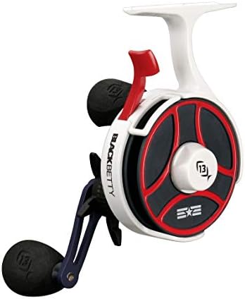 13 FISHING - Freefall Ghost Maverick - Inline Ice Fishing Reel - Red, White & Blue Color - Right Hand Retrieve - BBFFGWUSA-2.5-RH