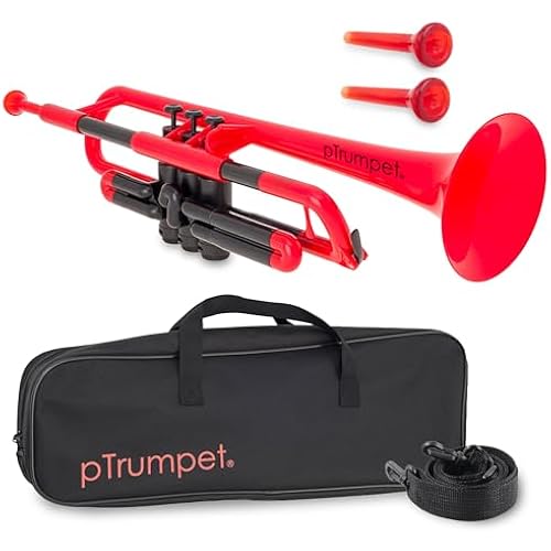 pTrumpet Bb Plastic Trumpet - Durable pInstruments Design with Ergonomic Grip - Includes 3C & 5C Mouthpieces and Carrying Bag - Authentic Sound for Students & Beginners - ABS Build - Red