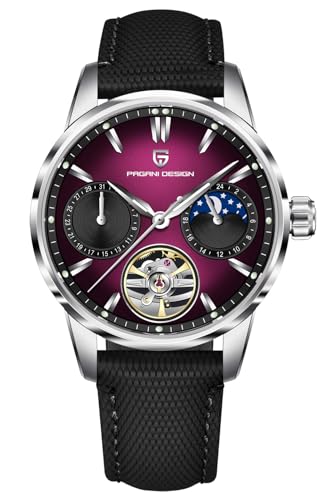 Pagani Design Automatic Watch Moon Phase 41mm Dial Sapphire Glass PU Leather Strap Model PD-YS021 (Silver Purple)