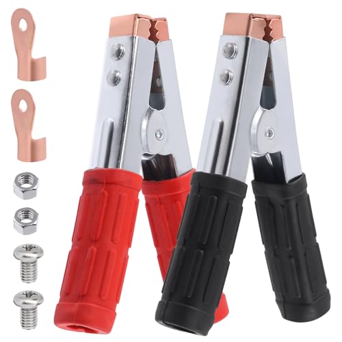 Swpeet 8Pcs - 2Sets Black and Red Insulated Alligator Clips with Crimp Ring Terminals and Screws Nuts Assortment Kit, Durable Battery Jumper Cable Clamps Battery Charger Clamps Cable Clamps for Car