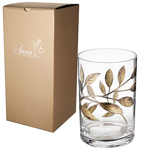 Decorative Hurricane Candleholder With Etched & Painted Leaves - Elegant Home Wedding Decor - Mouth Blown Thick Glass - 8.7 In (22 Cm) (Golden) #TOP2