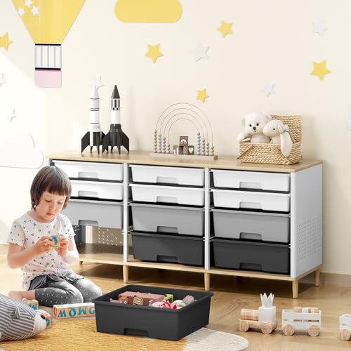 12 Drawers Storage Cabinet with Wooden Top and Plastic Bins, Toy Storage Organizer Toy Shelf Storage Chest Cubby Organizer for Home, Office, Playroom, Classroom & Craft Room Storage (Gradient Grey) by TOOLF - Image 7