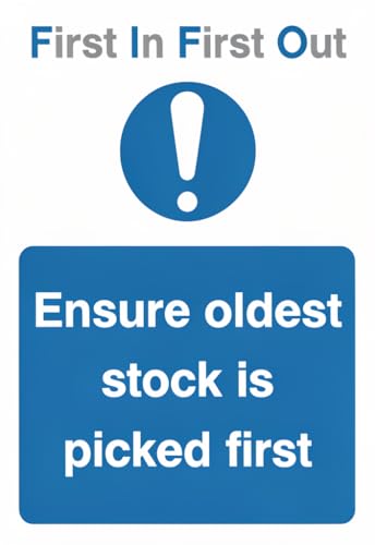 First In First Out Tin Sign 12x8 Inch, FIFO Inventory Rotation Metal Sign, Ensure Oldest Stock Is Picked First, Blue and White Warehouse Safety Reminder Wall Decor