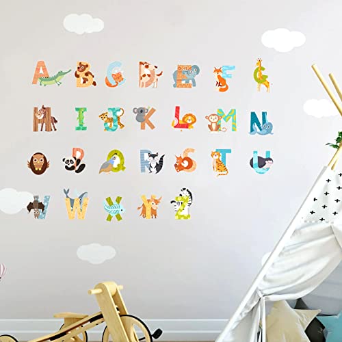 Animal Alphabet Wall Decals, ABC Alphabet Wall Stickers, Removable Wall Letters Stickers Classroom Wall Decals for Kindergarten Girls Boys Nursery Bedroom Living Room Decorations