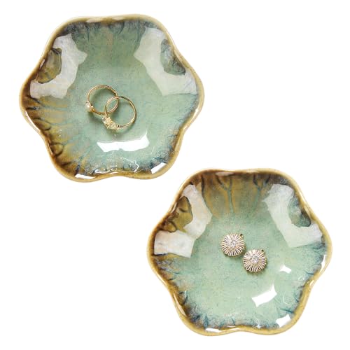 Image of JAMEND CLXP 2PCS Ring Holder Dish, Small Key Bowl, Ceramic Trinket Tray Jewelry Dish Organizing Necklace Earrings for Mom Friend Sister, All Jewelries Are NOT Included. Crystal Green.