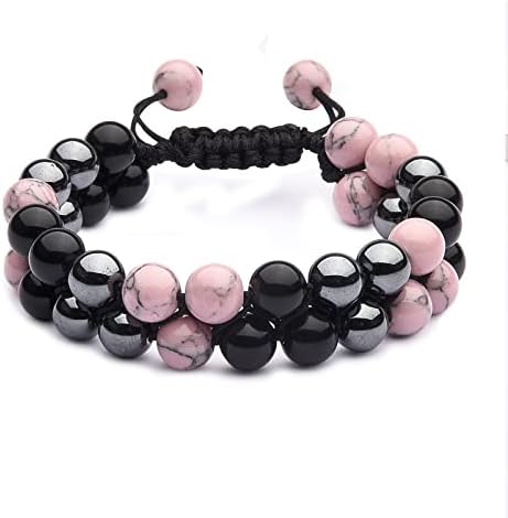 Ornaland Triple Protection Bracelets 8mm Natural Turquoises Hematite Obsidian Healing Crystals Gemstone Beads Braided Bead Adjustable Bracelets for Men Women