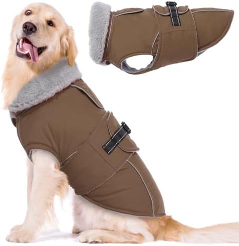 Lelepet Hundemantel Winterweste Reflektierende Fleece Hundejacke für Große Hunde Wasserdicht Hundejacke Wintermantel Warme Winterjacke mit Verstellbarer Schnalle (Braun, 2XL)