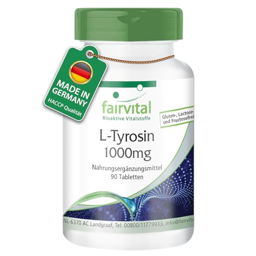 Fairvital | L-Tirosina 1000mg - 90 comprimidos - 1000mg por comprimido - calidad probada y altamente dosificada - 100% vegano - Made in Germany
