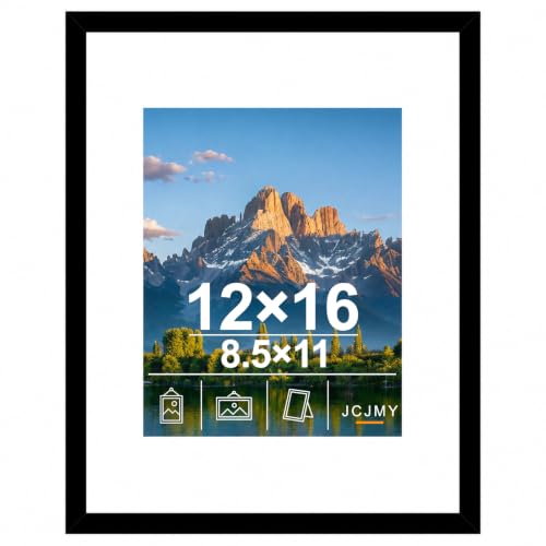 Image of JCJMY 12x16 Picture Frame with 8.5x11 Mat, Black 12 x 16 Poster Frame with Shatter Resistant Plexiglass, Display 8.5 x 11 with Mat or 12 by 16 Without Mat, Sturdy Wall Hanging Frame, 1 Pack