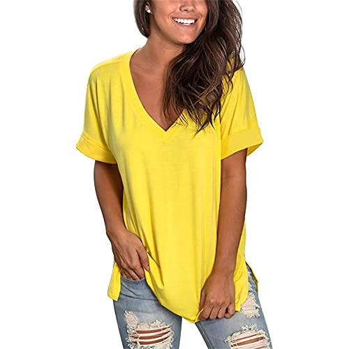 Oberteile Damen V-Ausschnitt Vintage Drucken/Einfarbig T-Shirt Damen Locker Urlaub Style Lassig Shirt Damen Sommer Mode Kurzarmshirt Damen R-Yellow M Cover