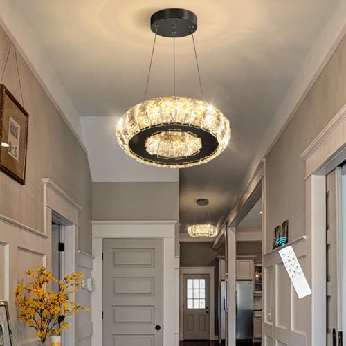 HAIXIANG LED Ring Chandelier Modern Pendant Lights for Kitchen Island Dining Room Remote Dimmable Hanging Light Entryway Bedroom Crystal Lighting Black Chandeliers by HAIXIANG - Used condition - Image 9