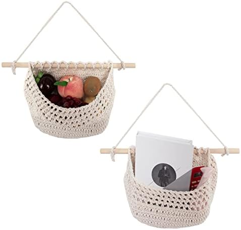 2Pcs Boho Hanging Fruit Woven Baskets, TANOSAN Handmade Wall Fruit Basket for Kitchen with 4 Hooks, Cotton Wall Mounted Storge Hammock for Door Livingroom Bathroom